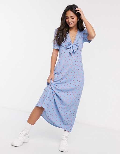 Midi tea dress in blue and red spot